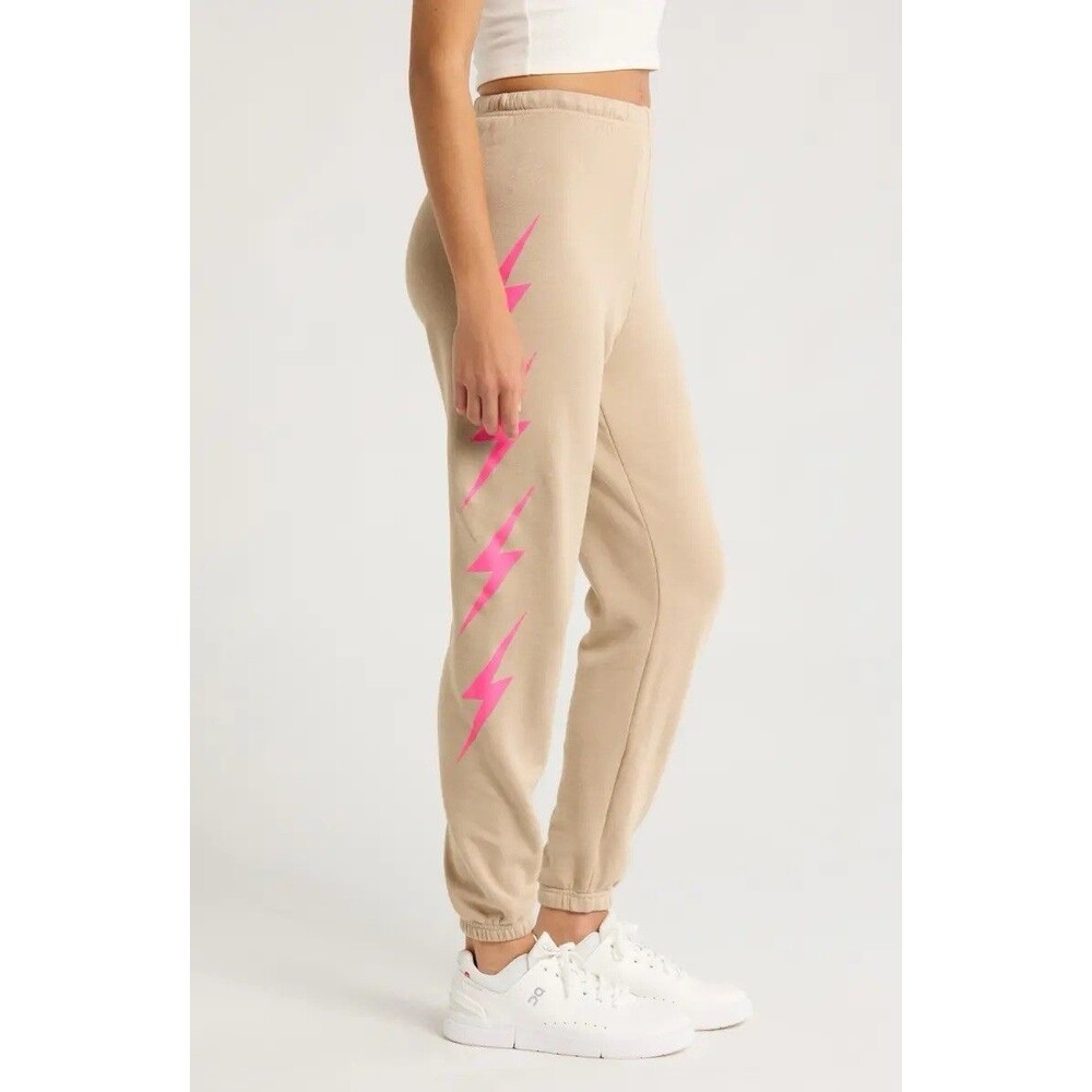 Aviator Nation Bolt 4 Sweatpants Sand & Neon Pink EUC $148 Preppy Loungwear